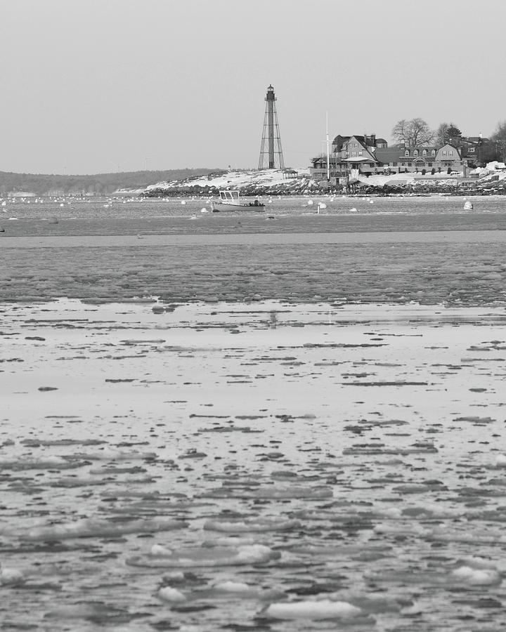 Icy day on Marblehead Harbor Black and White Photograph by Toby McGuire