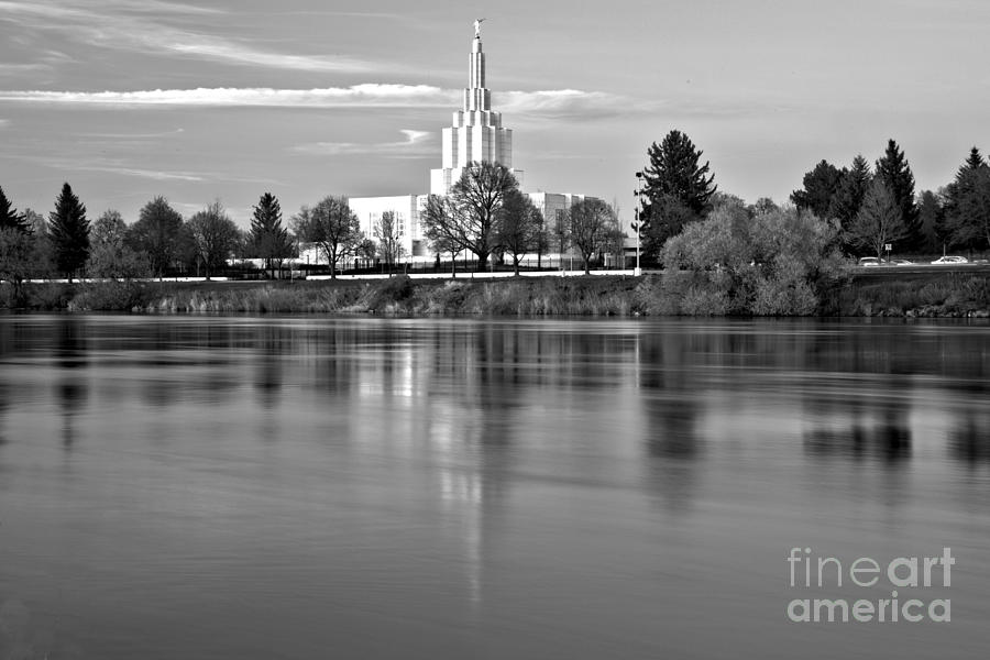 Idaho Falls Temple Sunset Reflections Black And White Photograph by Adam Jewell
