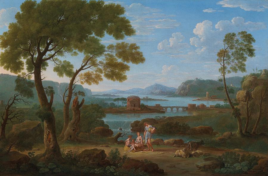 Ideal river landscape with a bridge and a classical monument Painting ...