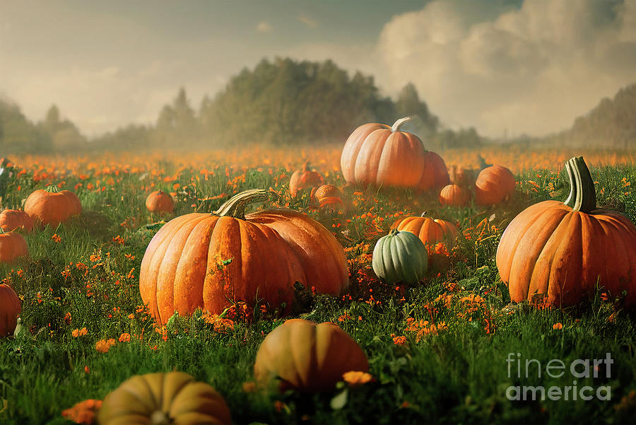 Idyllic autumn scene with field of pumpkins in grass on sunny sk Photograph by Jelena Jovanovic