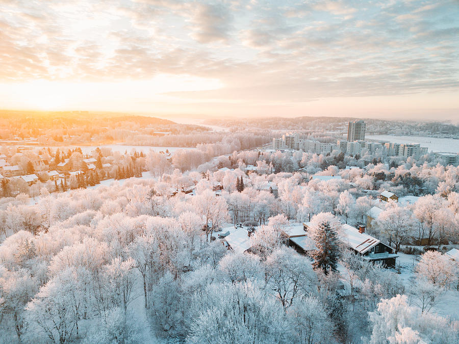 Idyllic winter Turku city (Finland) sunrise with a frost on the trees Photograph by Izhairguns
