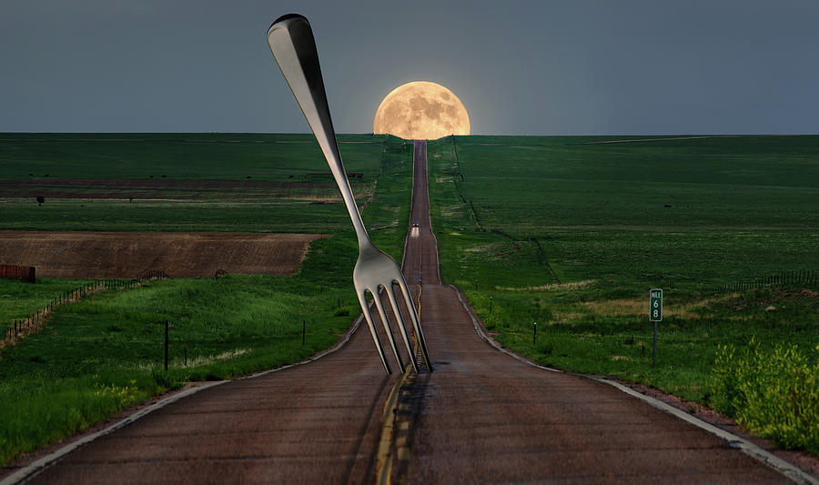 If You Come to a Fork in the Road,  Take It  -  Yogi Berra quote - fork in a CO highway at moonrise Photograph by Peter Herman