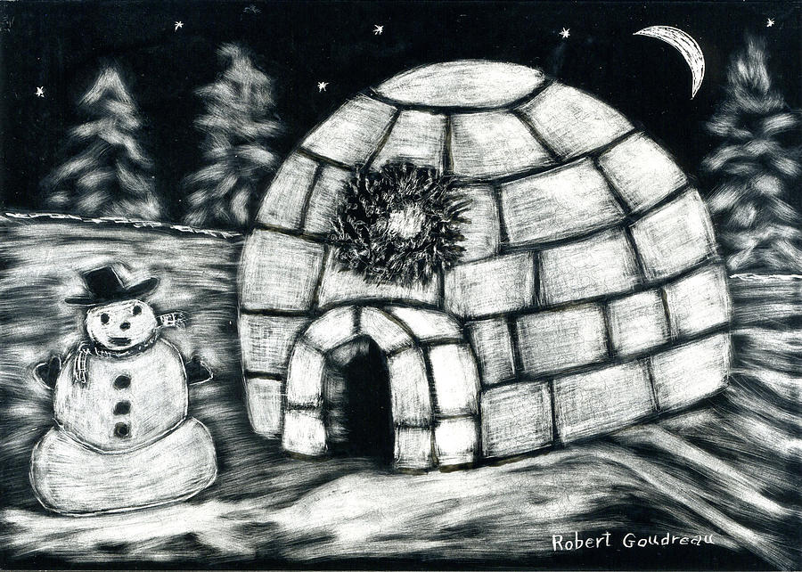 Igloo and Snowman Drawing by Robert Goudreau