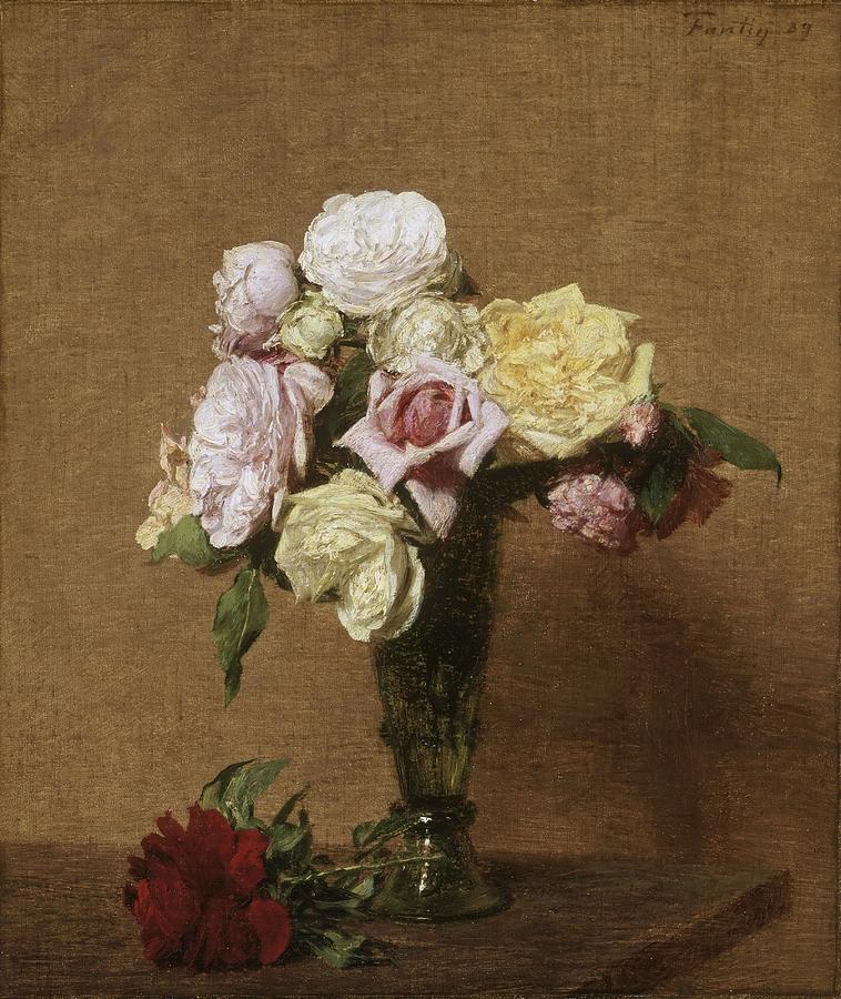 Nature Digital Art - Ignace Henri Jean Theodore FantinLatour French Still Life with Roses in a Fluted Vase by Celestial Images