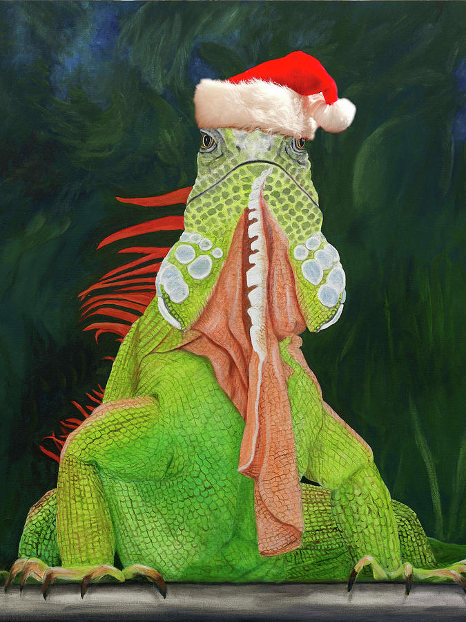 Iguana in Santa Hat Painting by Karen Zuk Rosenblatt