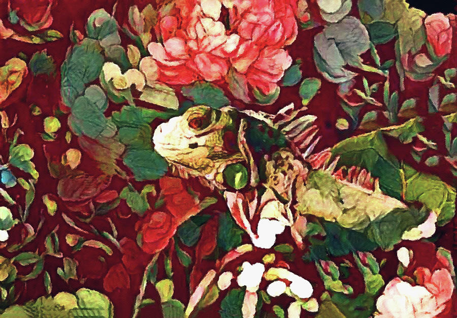 Iguana in the Flower Garden Painting by Susan Maxwell Schmidt