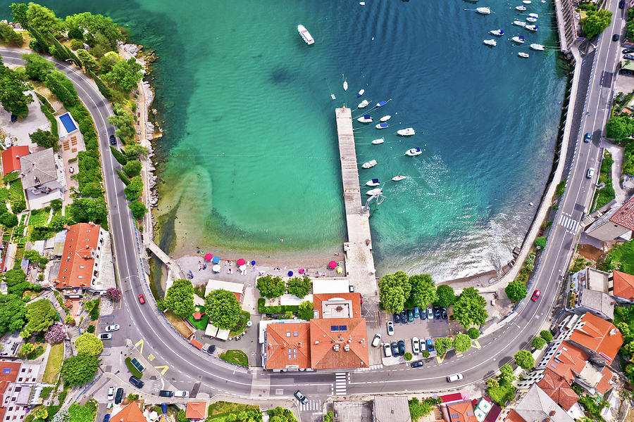 Ika village beach and waterfront in Opatija riviera aerial view Photograph by Brch Photography