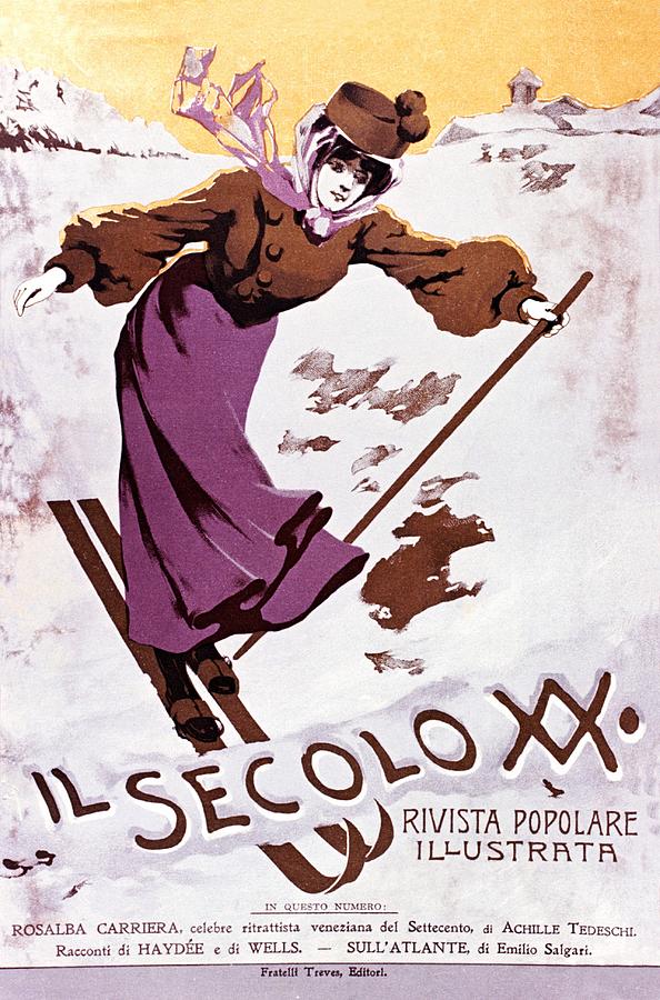Il Secolo XX - Art Nouveau Vintage Advertising Poster - Skiing Woman Digital Art by Studio Grafiikka