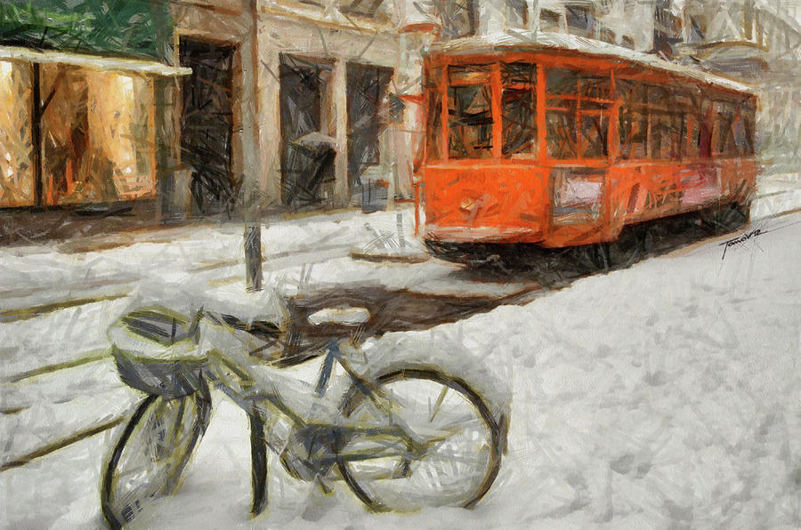 il Tram e la bici Painting by Tano V-Dodici ArtAutomobile