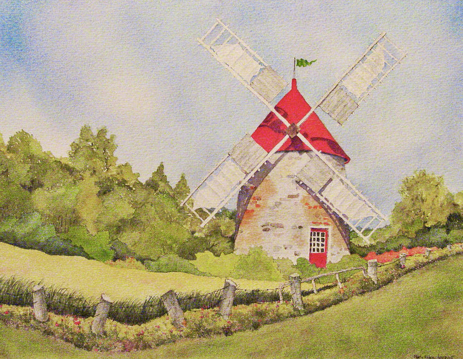 Ile au Coudre Windmill Painting by Mary Ellen Mueller Legault
