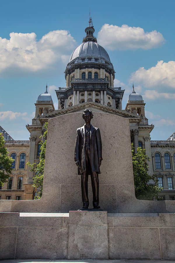 Illinois state capitol in Springfield, Illinois with Abraham Lincoln statue Photograph by Eldon McGraw