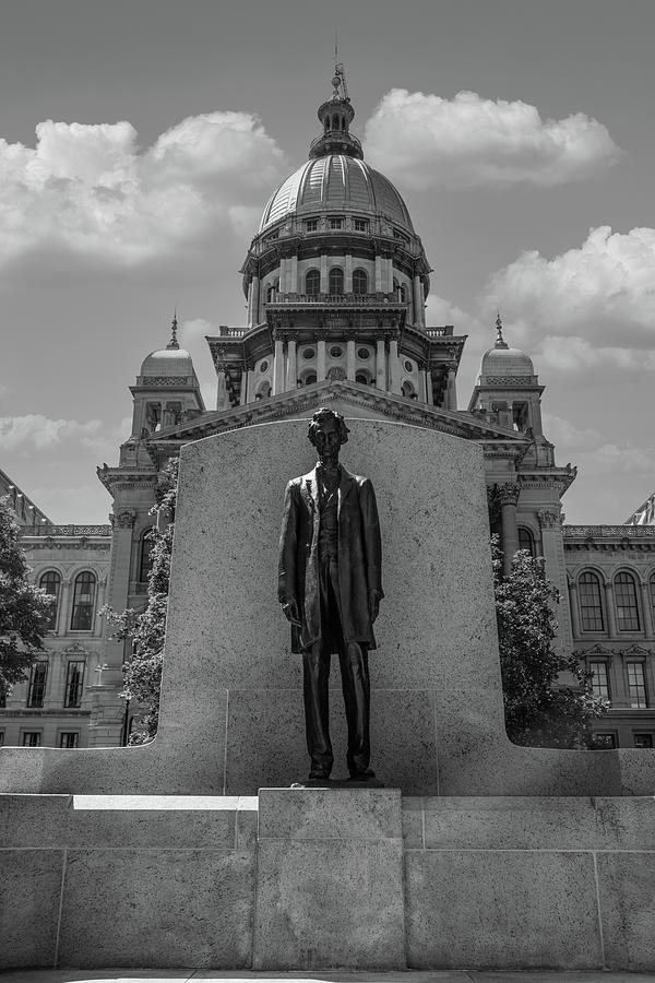 Illinois state capitol in Springfield, Illinois with Abraham Lincoln statue in black and white Photograph by Eldon McGraw