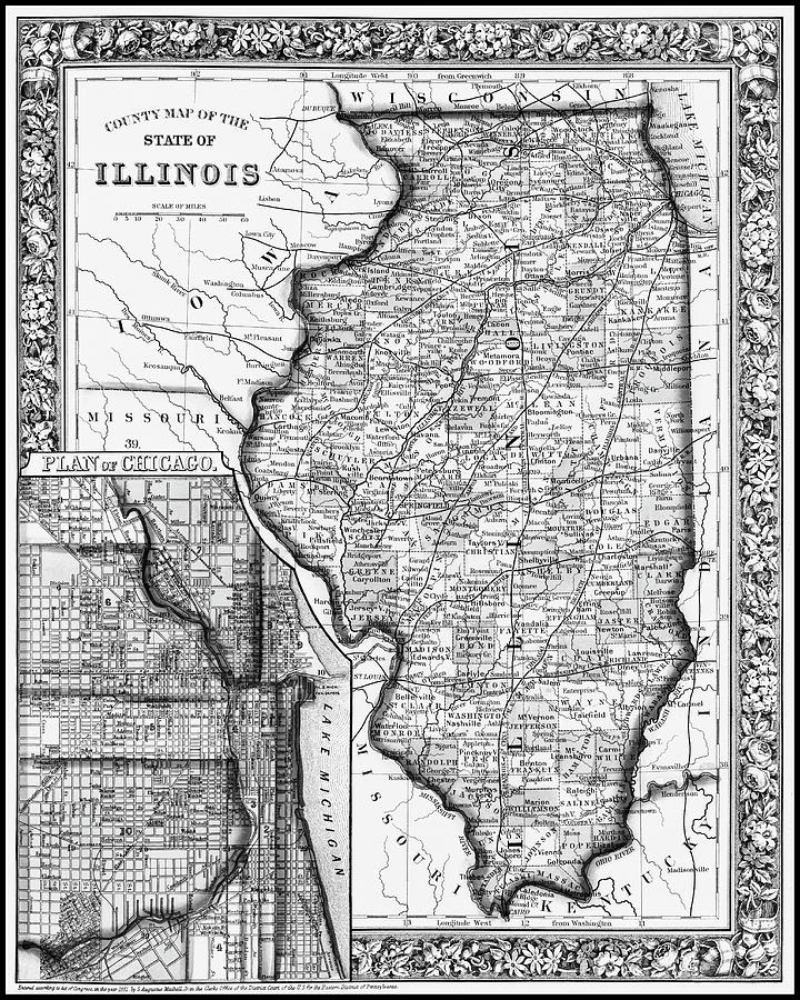 Vintage Photograph - Illinois Vintage Map 1861 Black and White  by Carol Japp
