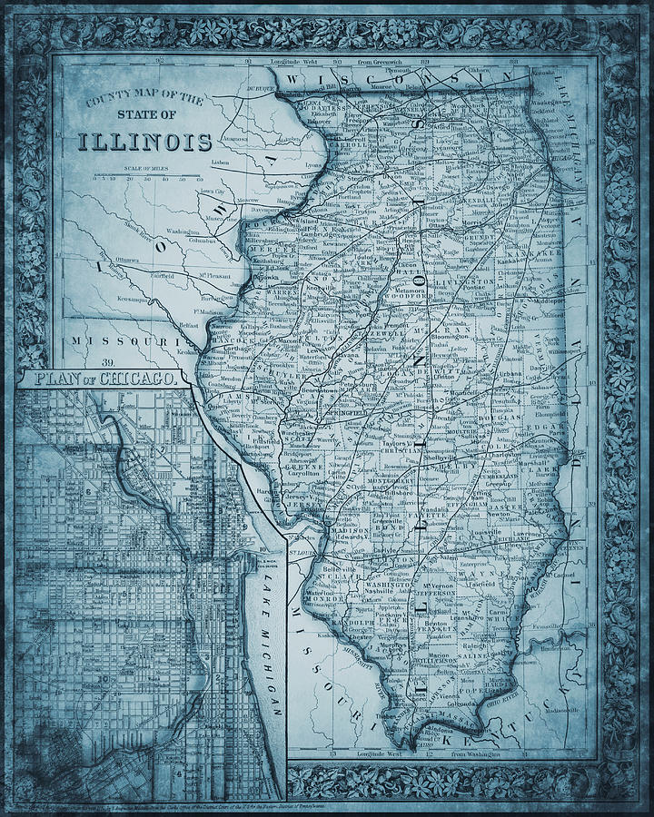 Vintage Photograph - Illinois Vintage Map 1861 Blue by Carol Japp