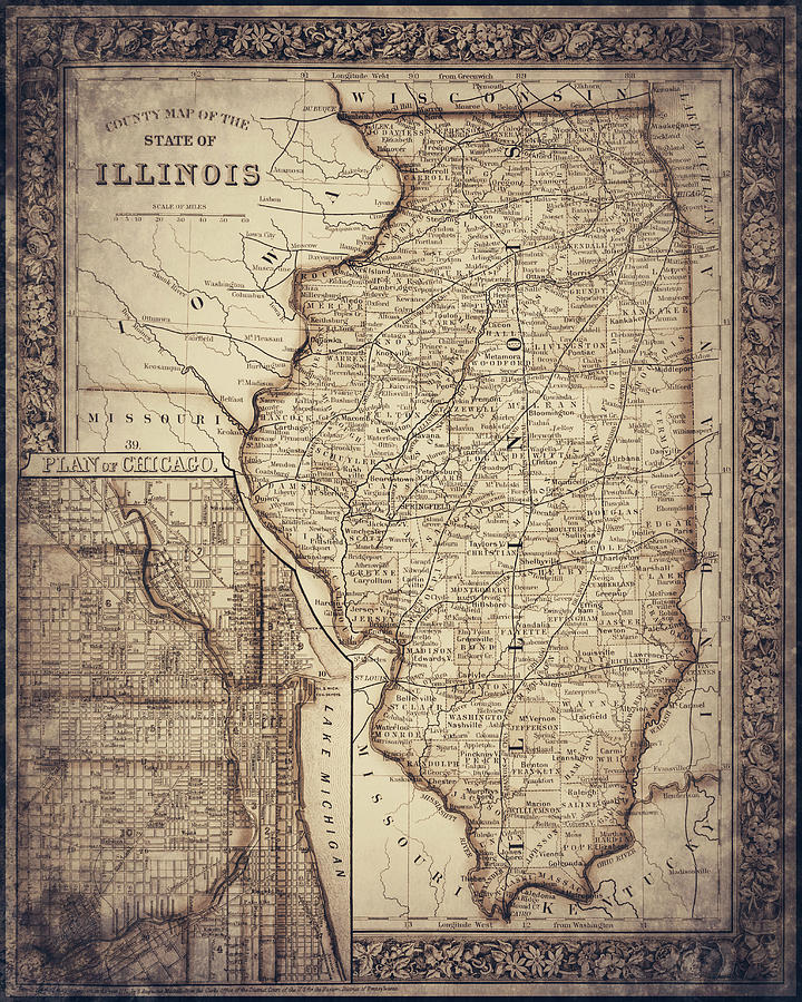Vintage Photograph - Illinois Vintage Map 1861 Sepia by Carol Japp