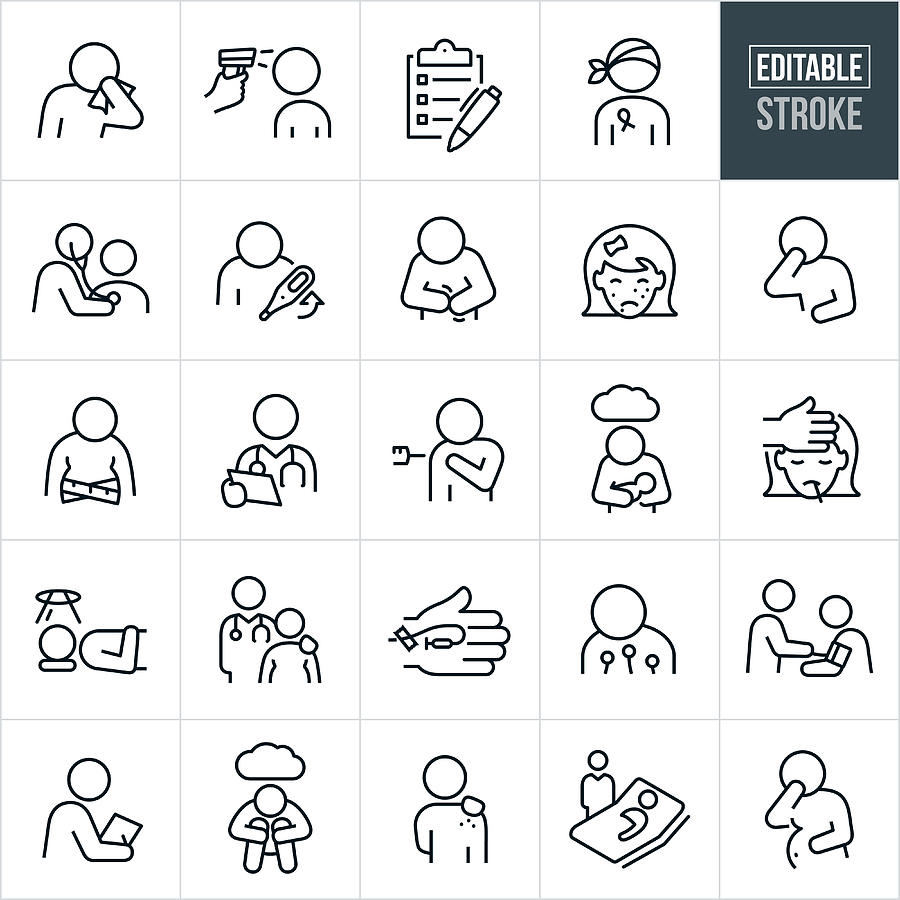 Illnesses Thin Line Icons - Editable Stroke Drawing by Appleuzr
