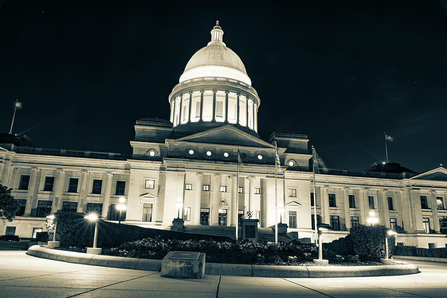 Illuminated Arkansas State Capitol In Downtown Little Rock - Sepia Edition Photograph by Gregory Ballos