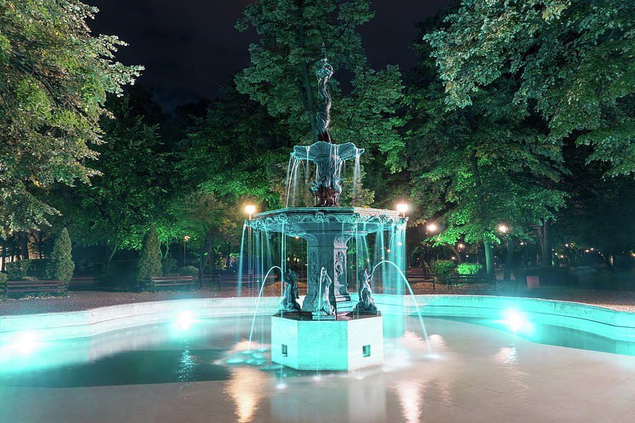 Illuminated Goddess - Demeter Fountain at Night Photograph by Georgia Mizuleva