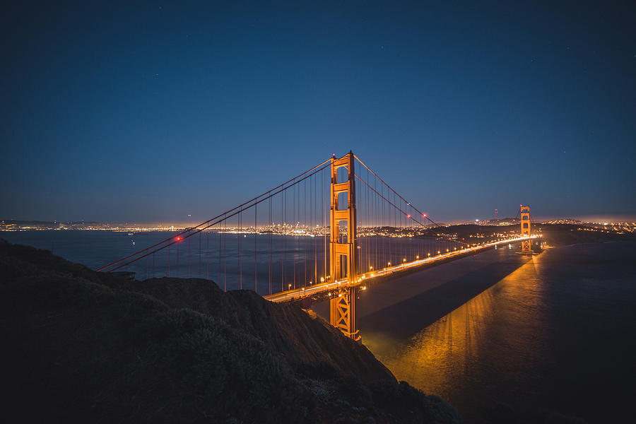 Illuminated Golden Gate Bridge with light trails at night, San Francisco Photograph by Lingxiao Xie
