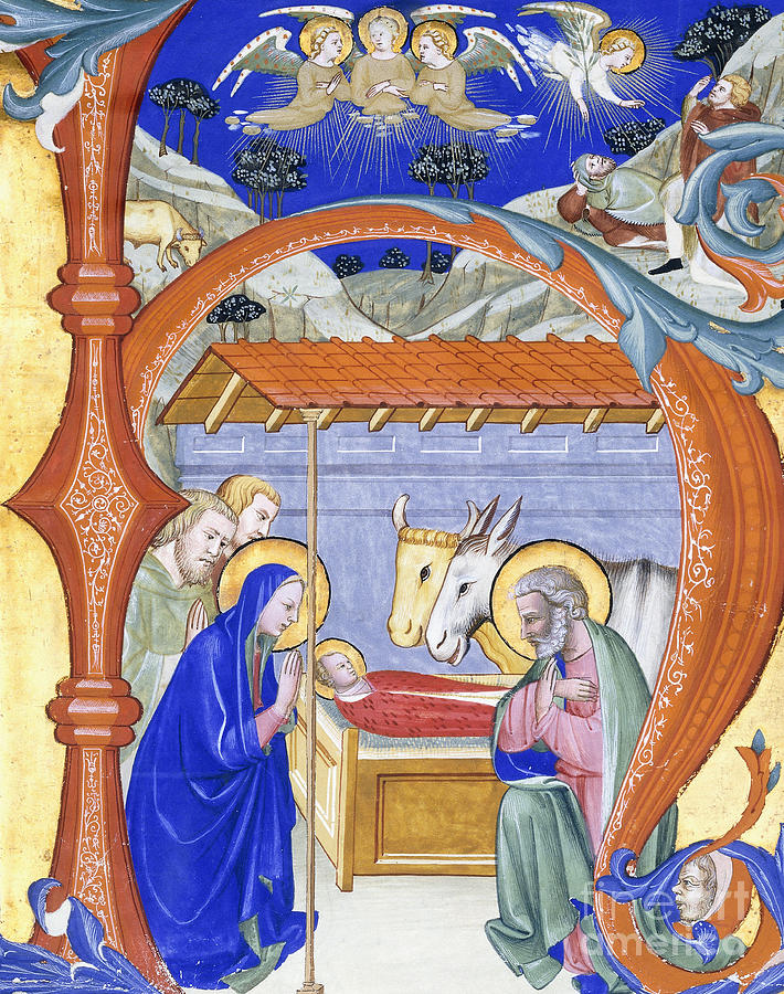 Illuminated historiated initial N, depicting a nativity scene, 1410  Painting by Don Simone Camaldolese