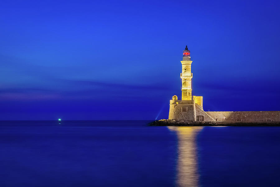 Illuminated lighthouse of Chania Photograph by Alexios Ntounas