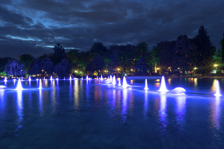 Illuminated Music - Plovdiv Singing Fountains at Night Photograph by Georgia Mizuleva
