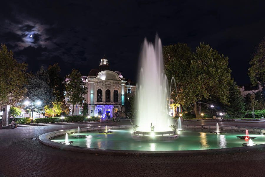 Illuminated Pelican Fountain - Plovdiv Bulgaria Night Magic Photograph by Georgia Mizuleva