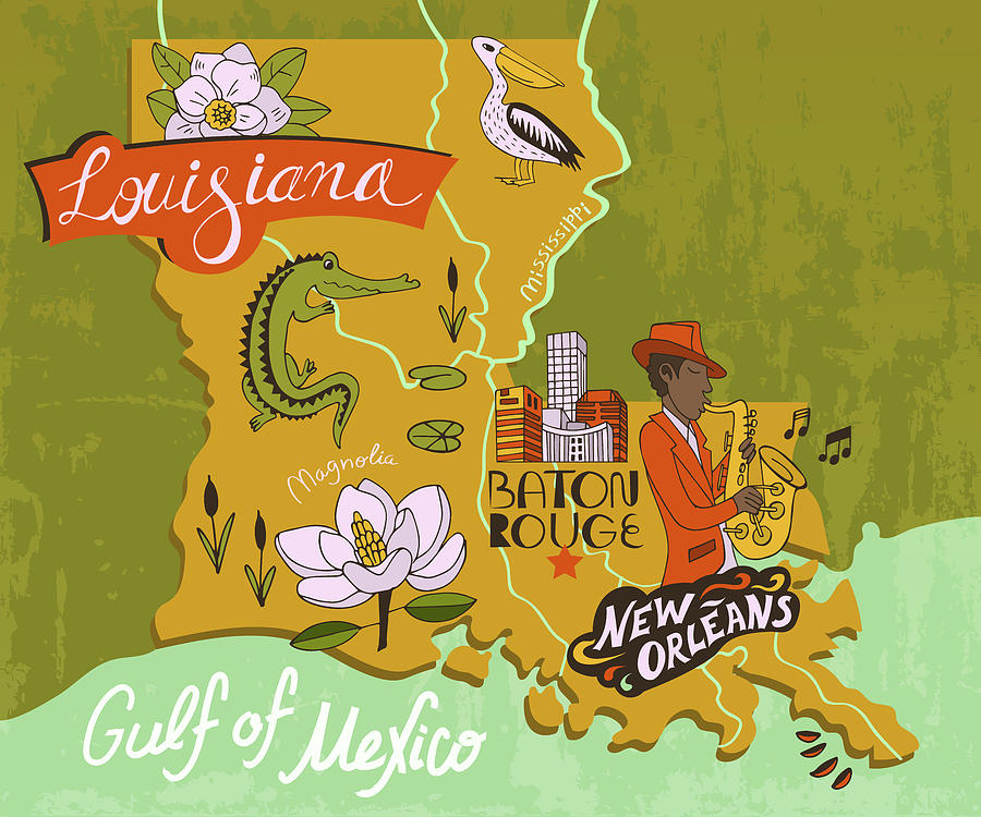 Illustrated map of Louisiana, USA. Travel and attractions Drawing by Julien