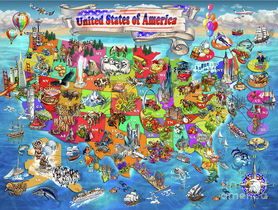Illustrated Map of the USA Digital Art by Maria Rabinky
