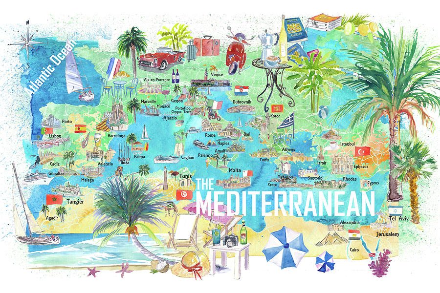 Mediterranean Painting - Illustrated Mediterranean Sea Travel Poster Map with Spain Italy Greece Palma Ibiza by M Bleichner