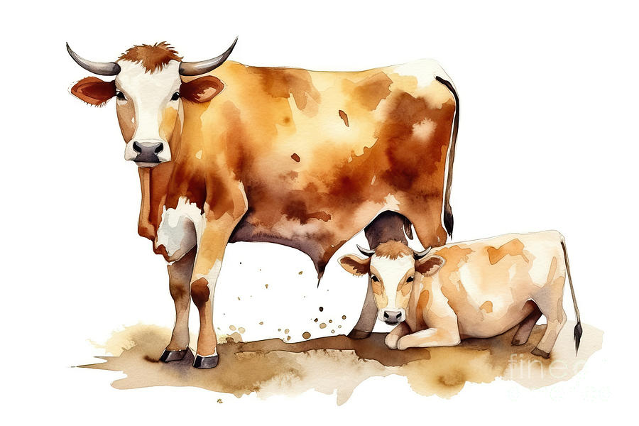 Illustration Of A Cow With A Calf, Watercolor Sketch Of A Cow An ...