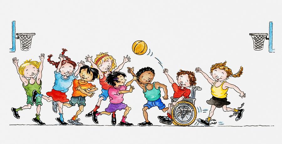 Illustration of a group of children including a child in a wheelchair playing basketball together Drawing by Dorling Kindersley