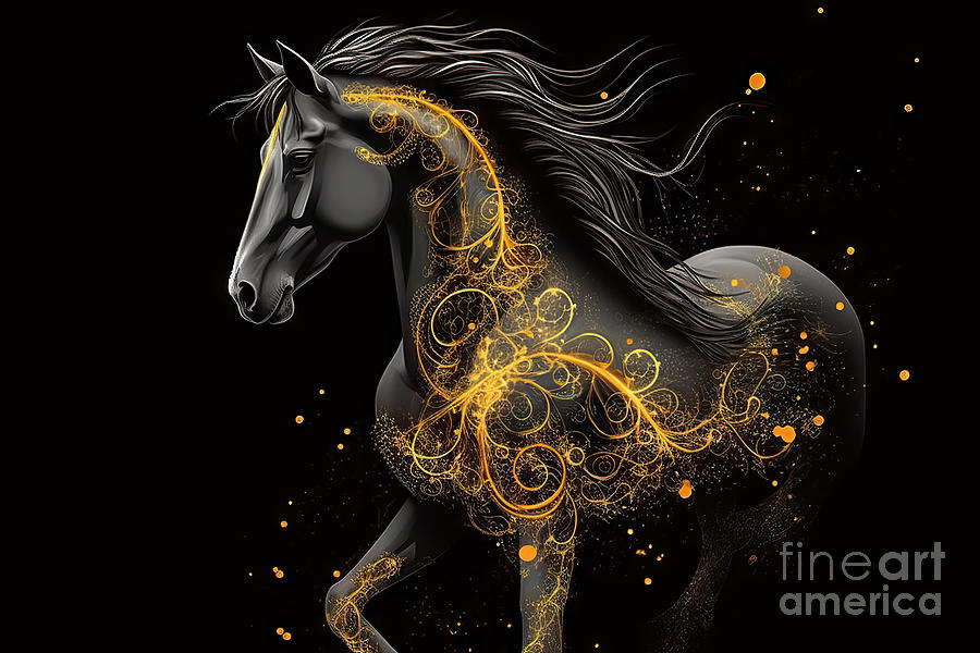 Nature Painting - Illustration of a horse in black and yellow tones on a dark back by N Akkash