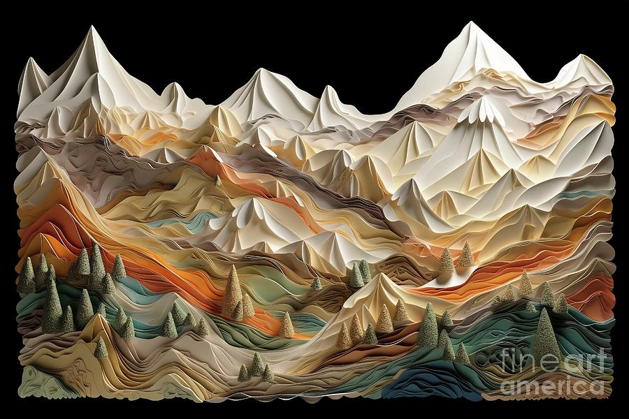 Illustration of a landscape created with folded materials, artistic artisan look, black background. Photograph by Joaquin Corbalan