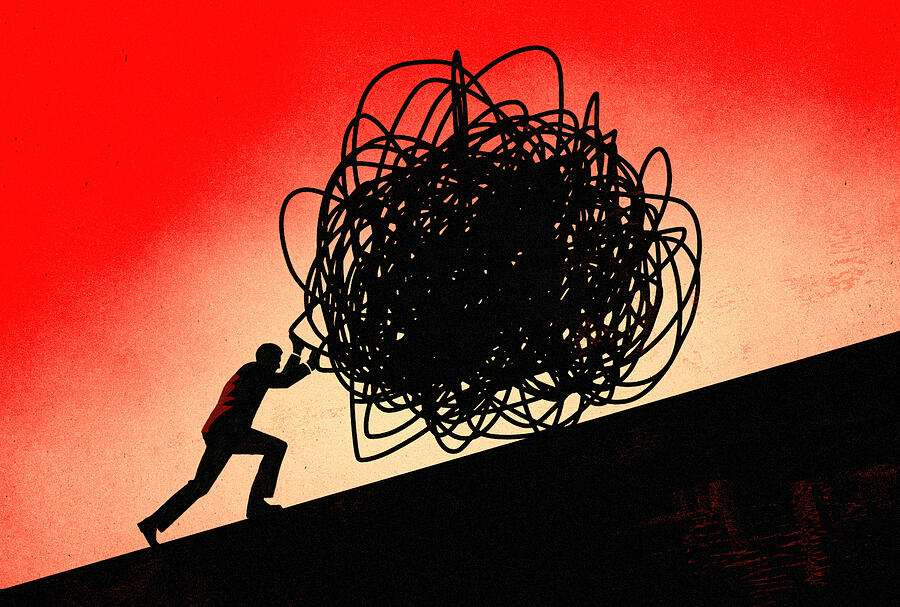 Illustration of a silhouette of a person pushing a large, tangled ball up a steep incline Photograph by Rob Dobi Illustration of a silhouette of a person pushing a large, tangled ball up a steep incline Photograph by Rob Dobi