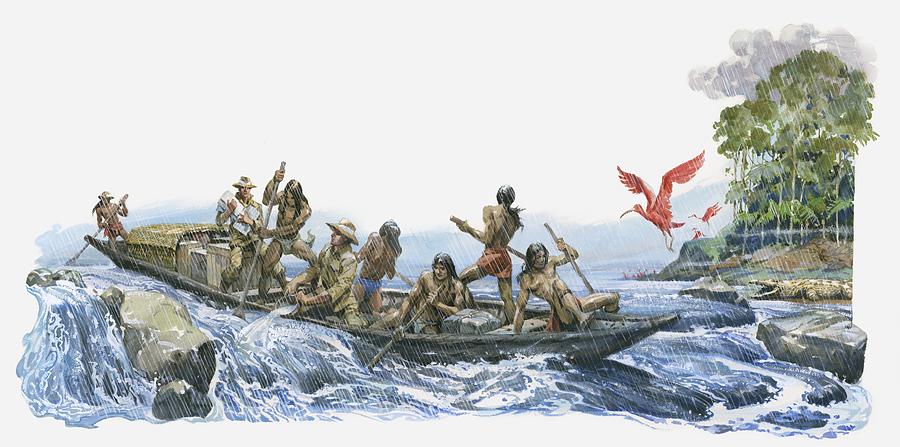 Illustration of Alexander von Humboldt and Aime Bonpland with South American natives bailing water from boat on River Orinoco rapids Drawing by Dorling Kindersley