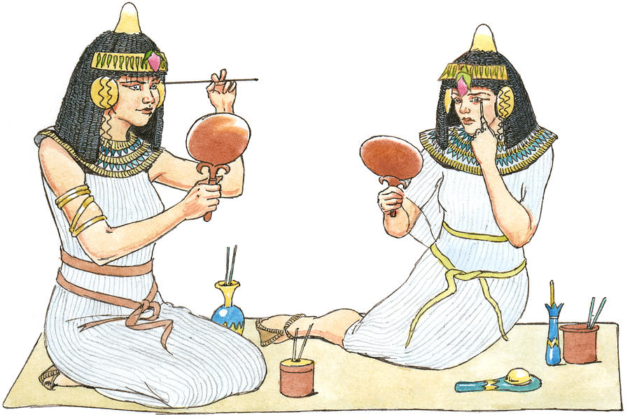 Illustration of ancient Egyptian women looking in mirrors to apply make-up Drawing by Dorling Kindersley