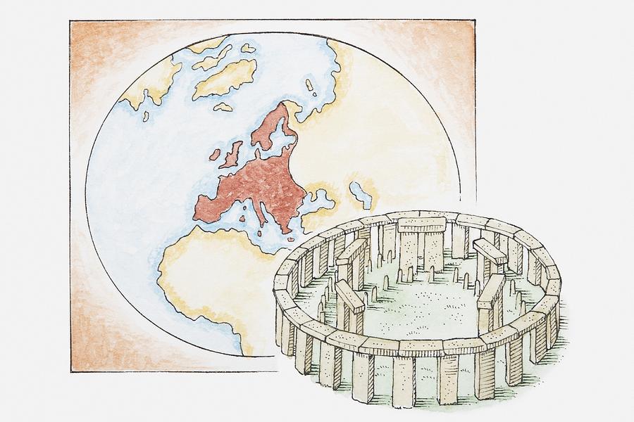 Illustration of ancient stone circle in front of a map of Europe Drawing by Dorling Kindersley