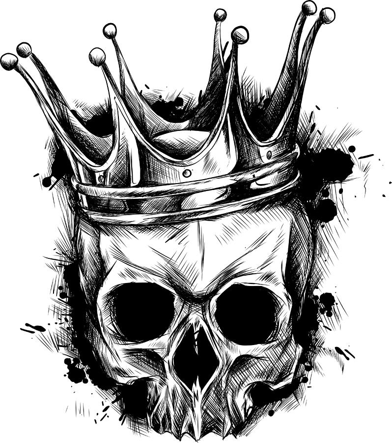 Illustration of black and white skull in crown with beard isolated on