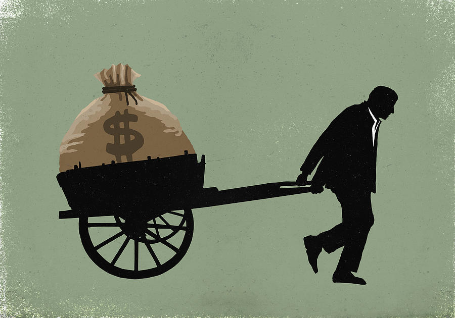 Illustration of businessman carrying dollar bag in cart Drawing by Malte Mueller