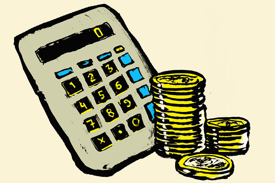 Illustration of calculator and stacked coins against white background Drawing by Endai Huedl