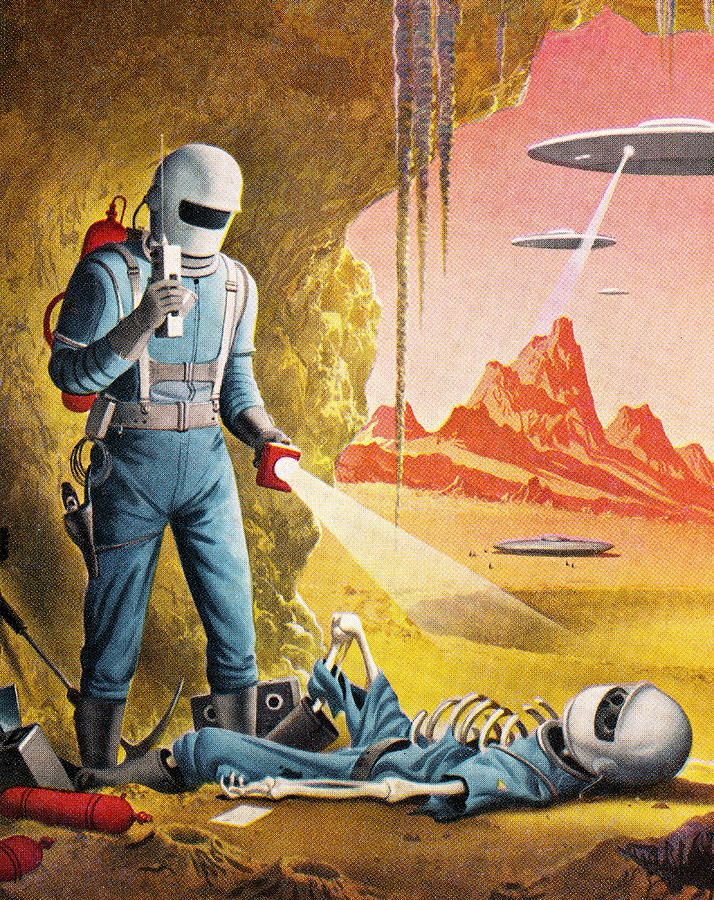 Illustration of cartoon spaceman finding dead colleague Drawing by CSA-Printstock