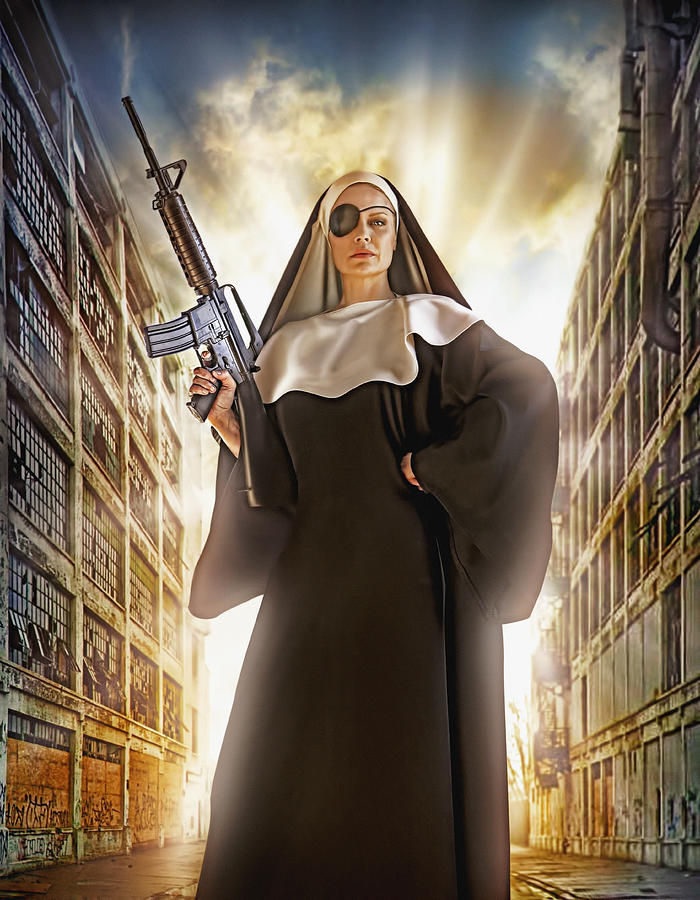 Illustration of Caucasian nun with eye patch and machine gun Photograph by Chris Clor