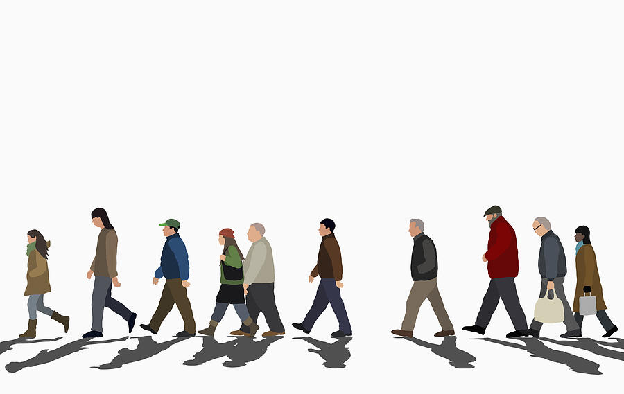 Illustration of crowd walking on street against clear sky Drawing by Malte Mueller