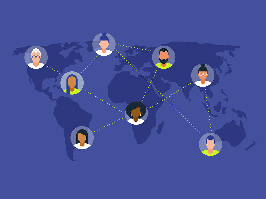 Illustration of diverse peers networking on world map Drawing by RLT_Images