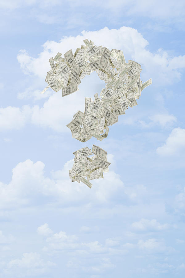 Illustration of dollar bills making question mark in sky Photograph by REB Images