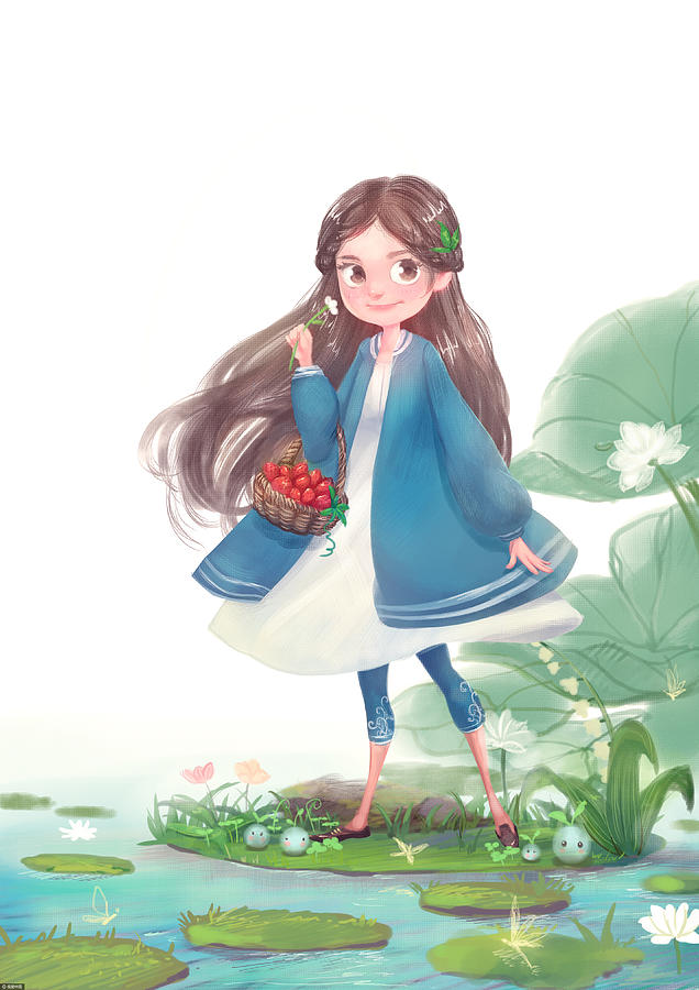 Illustration of girl walking near pond with basket of fruit Drawing by 500px Asia