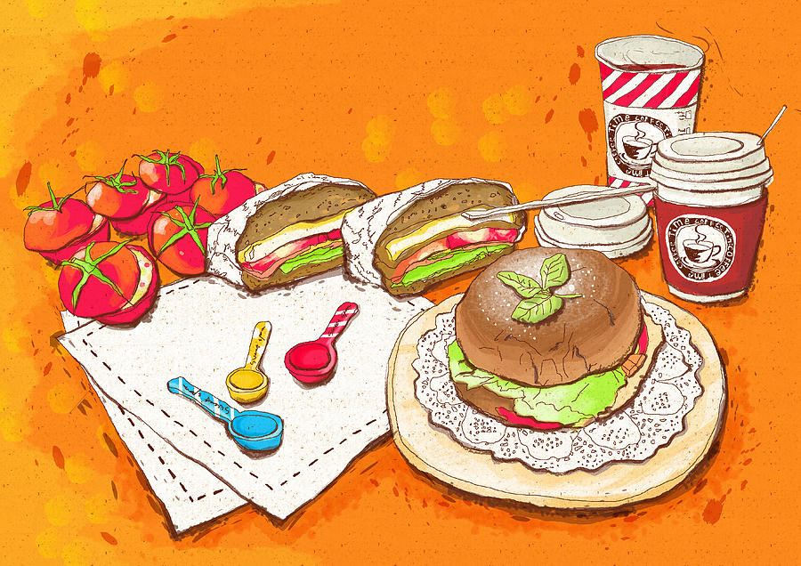 Illustration of hamburger and coffee cup Drawing by Ivary