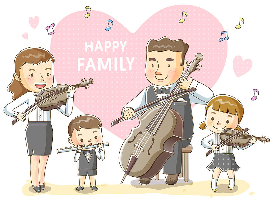 Illustration of happy family playing musical instrument Drawing by Ivary