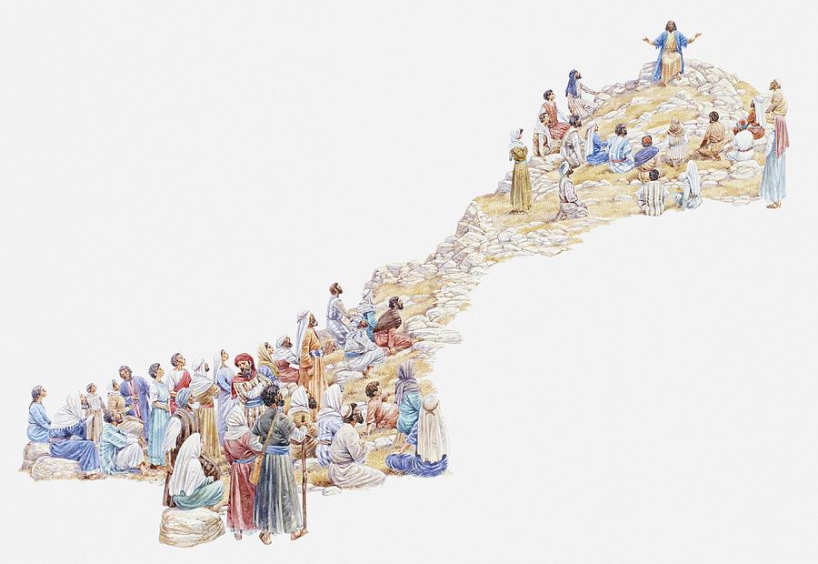 Illustration of Jesus giving sermon on the mount to crowd of people, Gospel of Matthew Drawing by Peter Dennis